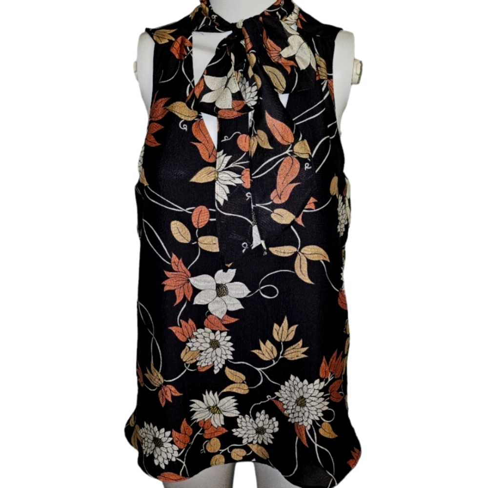 Maeve Black Floral Tie Bow Neck Sleevesless Blouse Size 10